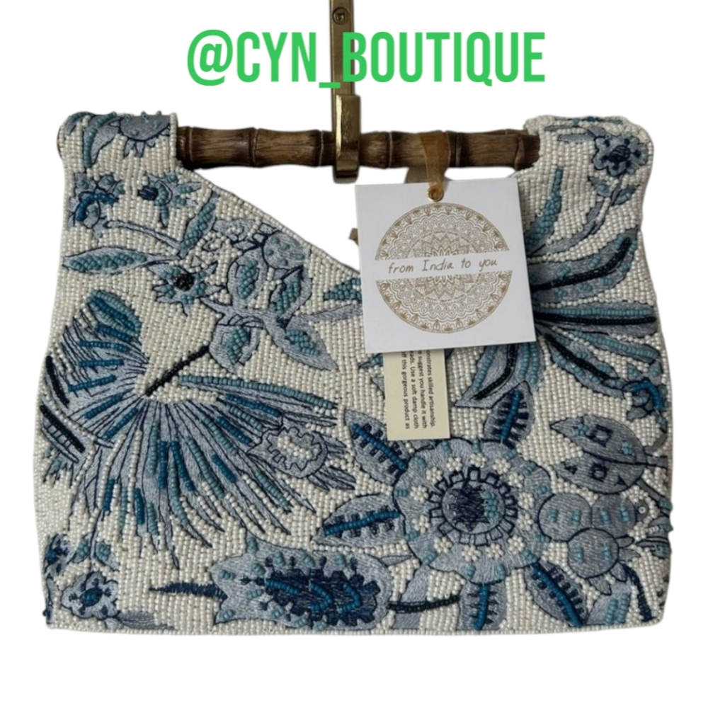 💙🔹️ Made In India Viral blue and white floral beaded bamboo handle bag ✨️💙 - Picture 8 of 10
